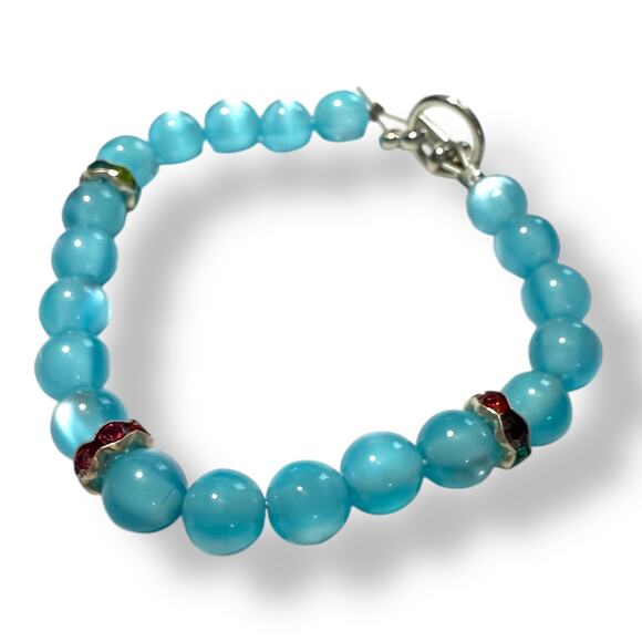 Handmade Blue Tiger Eye & Green Red Crystal Bracelet 7.75" - Picture 5 of 7